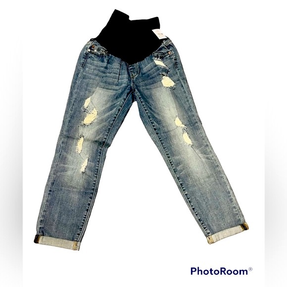 Luxe Essentials Denim Cropped Distressed Maternity Jeans NWT Sz 30 - Picture 1 of 6